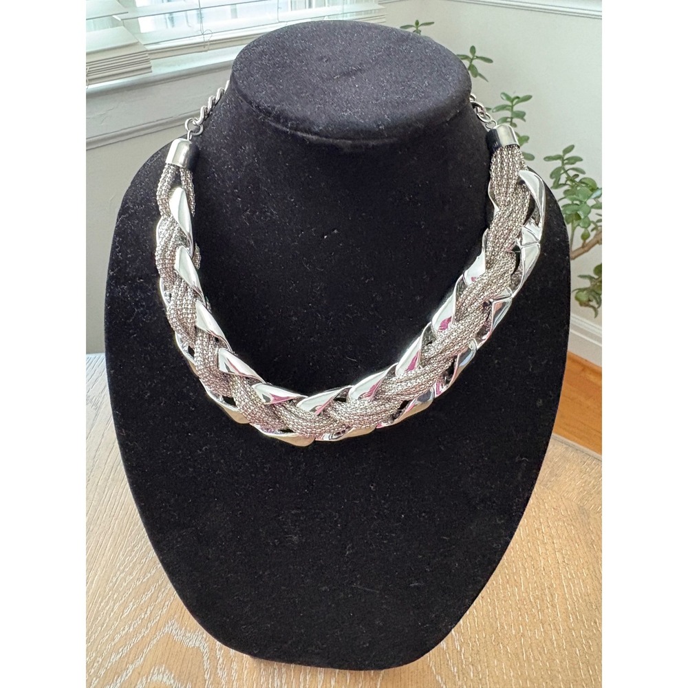 Silver Tone Braided Mesh Statement Collar Necklace Chunky Mixed Texture Link 21"